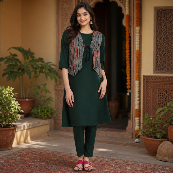 Elegant Dark Green Kurti Pant Set with Embroidered Jacket
