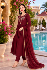 🌼 Elegant Maroon Embroidered Rayon Kurti Pant Set with Georgette Dupatta