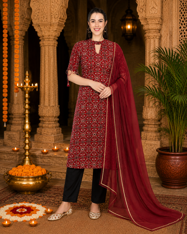 🌸 Ethnic Cotton Printed Kurti Pant Set for Women