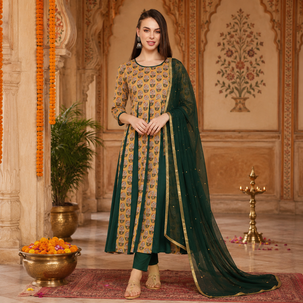 Women floral Print cotton Anarkali Kurta pant dupatta set