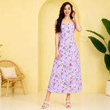 Enchanted Bloom Women's Lavender Floral Printed Crepe Maxi Dress