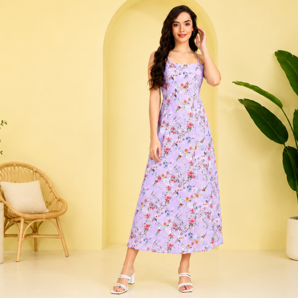 Enchanted Bloom Women's Lavender Floral Printed Crepe Maxi Dress