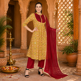 Women's Mustard Printed Cotton Kurti Pant Dupatta Set