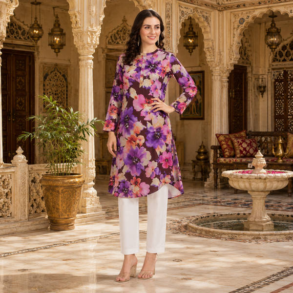 🌺 Floral print spandex kurti‑pant co‑ord set
