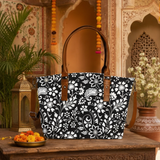 Monochrome Floral Print Canvas Tote Bag