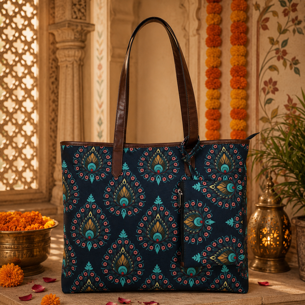 PEACOCK FEATHER PRINT TOTE BAG
