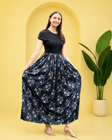 Midnight Blooms Pleated Black Floral Maxi Dress