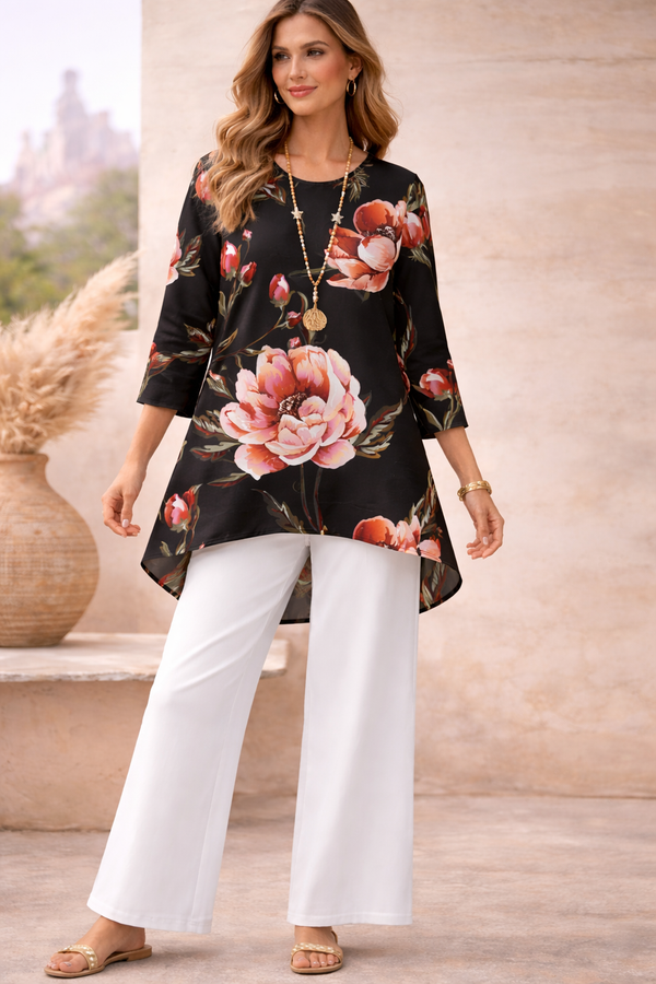 🌸 Floral Printed Spandex Top & Solid White Pant Set 🌸