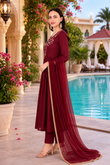 🌼 Elegant Maroon Embroidered Rayon Kurti Pant Set with Georgette Dupatta