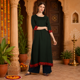 Women's Dark Green A-Line Kurti with Printed Jacket & Palazzo Set