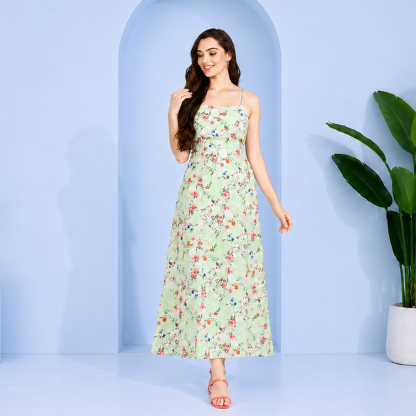 Enchanted Bloom Women's Mint green Floral Printed Crepe Maxi Dress