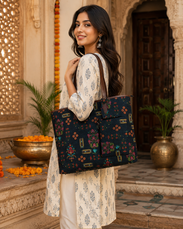 ETHNIC FLORAL MOTIFS PRINT TOTE BAG