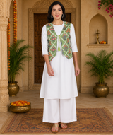 Women's White A-Line Kurta with Floral Printed Green Jacket & White Palazzo Set