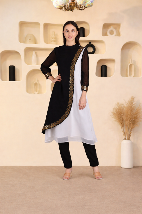 Women's Sequins Motifs Embellished Georgette Colour Block Kurti Pant Set