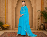 Women’s Embroidered Rayon Kurti Palazzo Dupatta Set | Elegant Ethnic Co-ord Set