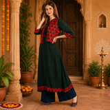 Women's Dark Green A-Line Kurti with Printed Jacket & Palazzo Set
