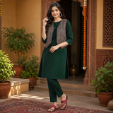 Elegant Dark Green Kurti Pant Set with Embroidered Jacket