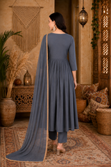 Women's Grey Rayon Embroidered Kurti Pant Set with Georgette Dupatta
