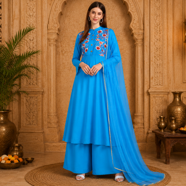 Women’s Floral Embroidered Anarkali Rayon Kurti Palazzo dupatta Set