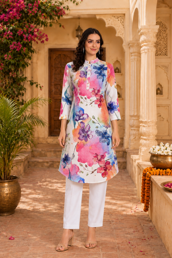 🌸 Floral Printed Spandex Kurti Pant Co-Ord Set 🌸