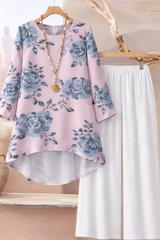 🌸 Floral Printed Spandex Top & Solid White Pant Set 🌸