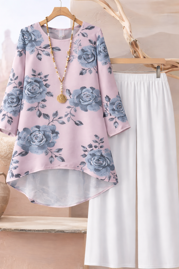 🌸 Floral Printed Spandex Top & Solid White Pant Set 🌸
