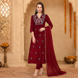Maroon Embroidered Rayon Kurta Set with Georgette Dupatta