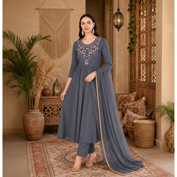 Women's Grey Rayon Embroidered Kurti Pant Set with Georgette Dupatta