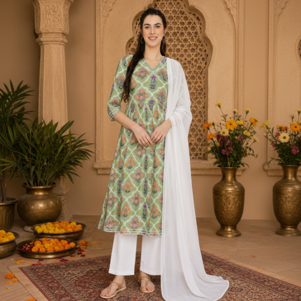 🌸 Ethnic Cotton Printed Kurti Palazzo Set for Women