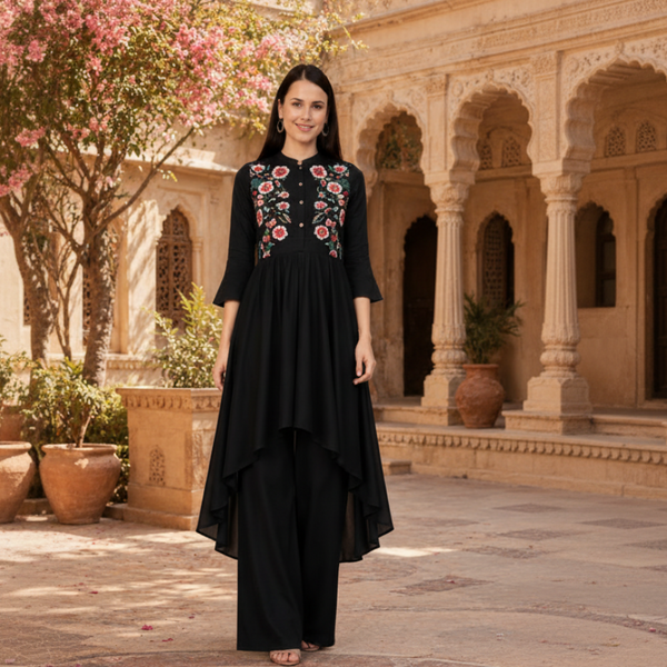 🌸 Women's Navy Blue Rayon Embroidered High-Low Kurta Palazzo Set
