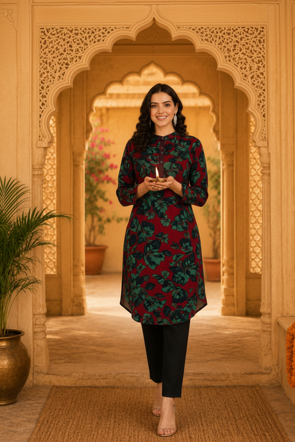 🌺 Floral print spandex kurti‑pant co‑ord set