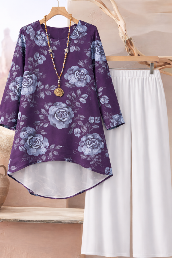 🌸 Floral Printed Spandex Top & Solid White Pant Set 🌸