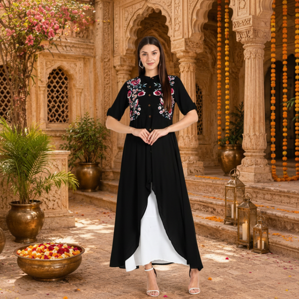 Graceful Floral Embroidered Rayon Shrug Kurti Set