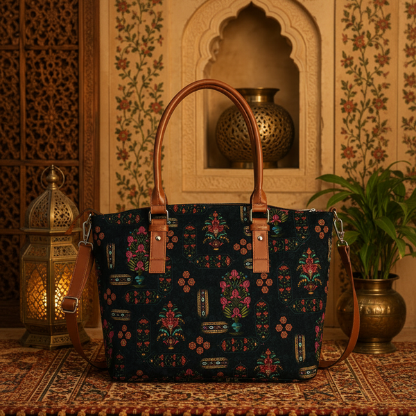 Ethnic Floral Motifs Print Canvas Tote Bag