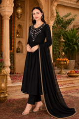 🌼 Women's Rayon Embroidered Kurti Pant & Georgette Dupatta Set
