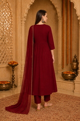 Maroon Embroidered Rayon Kurta Set with Georgette Dupatta