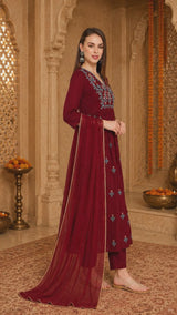 Maroon Embroidered Rayon Kurta Set with Georgette Dupatta