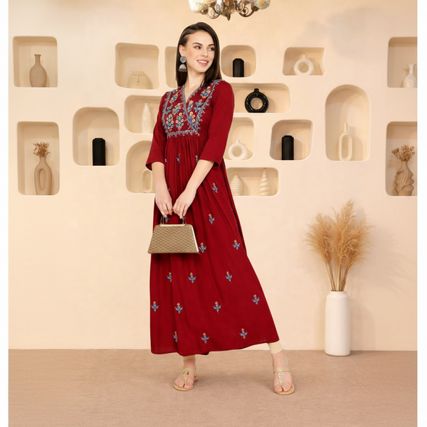WOMEN FLORAL EMBROIDED KURTI MAROON