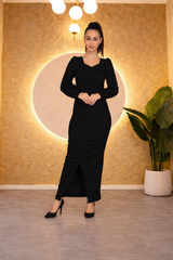 Sultry Sophistication Gathered Front Slit Bodycon Maxi Black Dress