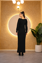 Sultry Sophistication Gathered Front Slit Bodycon Maxi Black Dress