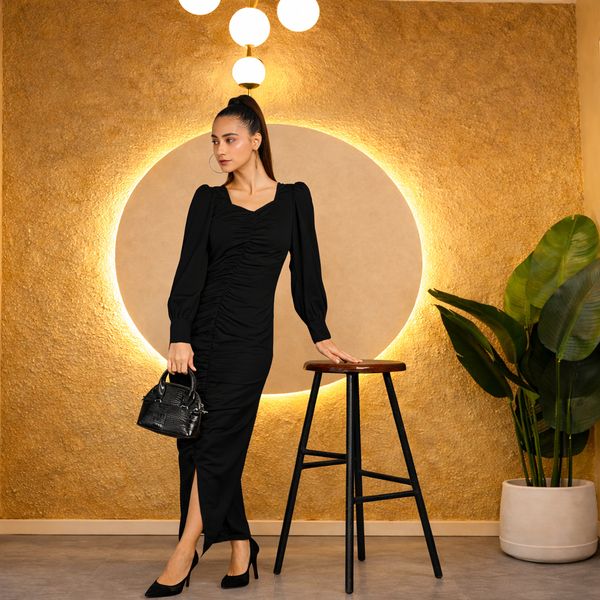 Sultry Sophistication Gathered Front Slit Bodycon Maxi Black Dress