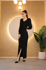 Sultry Sophistication Gathered Front Slit Bodycon Maxi Black Dress