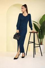 Sultry Sophistication Gathered Front Slit Bodycon Maxi Blue Dress