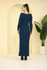 Sultry Sophistication Gathered Front Slit Bodycon Maxi Blue Dress