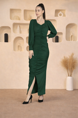 Sultry Sophistication Gathered Front Slit Bodycon Maxi Olive Green Dress