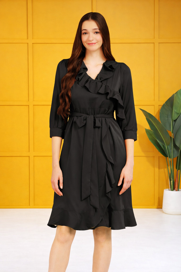 Frilled Ankle-Length Polyester Dress