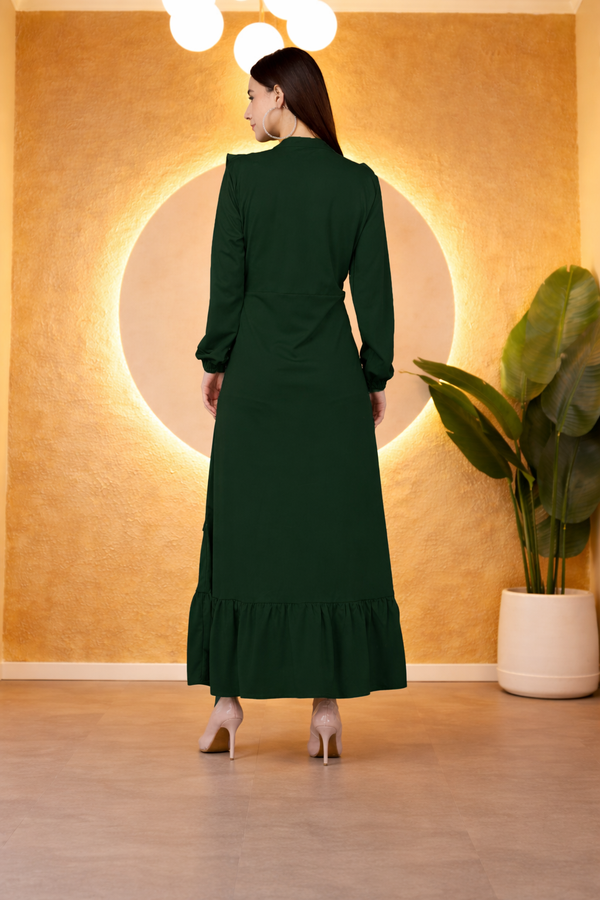Elegant Pleated Ankle-Length Frilled Spandex Olive Green Dress