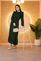 Elegant Pleated Ankle-Length Frilled Spandex Olive Green Dress