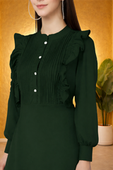 Elegant Pleated Ankle-Length Frilled Spandex Olive Green Dress