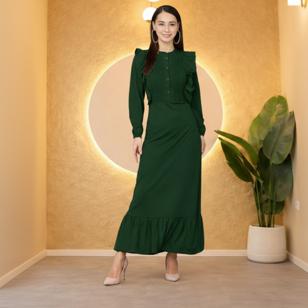 Elegant Pleated Ankle-Length Frilled Spandex Olive Green Dress